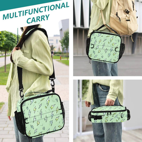 Lightning Bolt Green Insulated Lunch Bag With Shoulder Straps For Kids And Adults Office School And Travel Dope Portable Cooler That Keeps Your Eats Fresh Big Main Compartment Two Side Pockets Durable Easy To Clean, green polyester shoulder tote