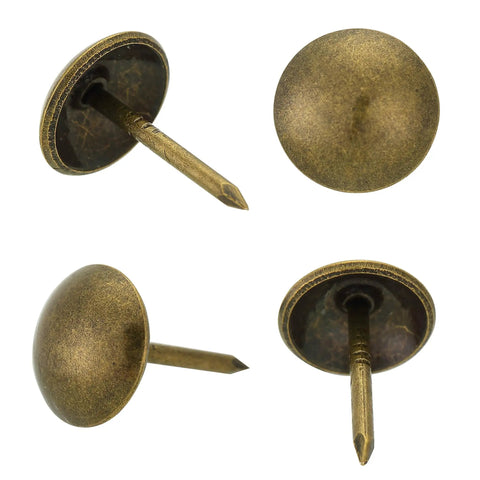 Close-up of Bronze Upholstery Tacks 100 Pack Decorative Nail Heads For Furniture, Antique Brass Finish, shown from various angles.