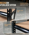 Premium Rock Solid Black Metal Five Tier Storage Shelving Unit With Quick Adjust Shelf Brackets For Garage Organization showing keyhole joint lock and MDF shelf support.