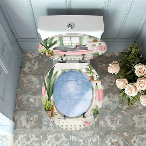 Round Toilet Seat Decorative for Bathroom with colorful hippo design and blue swirl pattern, fits standard sizes.