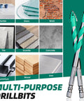 Heavy Duty Masonry Drill Bit Set With Ten Durable Carbide Tips For Cracking Concrete Brick And Tile Like A Pro displayed with various materials