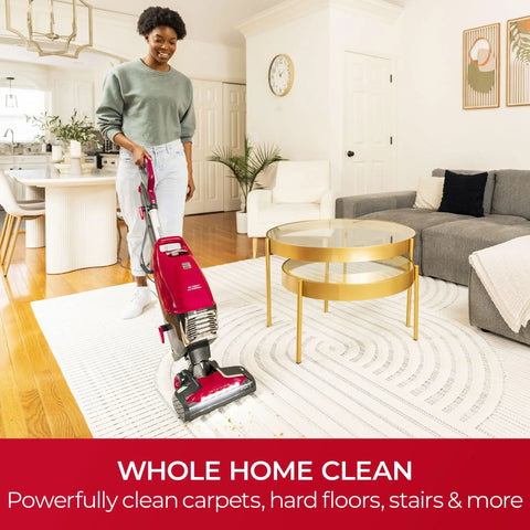 Hassle Free Bagged Upright Vacuum With No Touch Auto Dump And Smooth Lift Up Pod For Stairs in living room cleaning carpets.