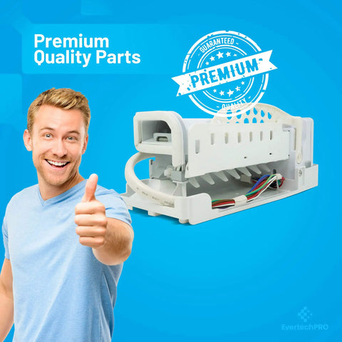 Ice Maker Replacement DA97-05422A Compatible With Samsung Refrigerators shown with a smiling person, plug and play