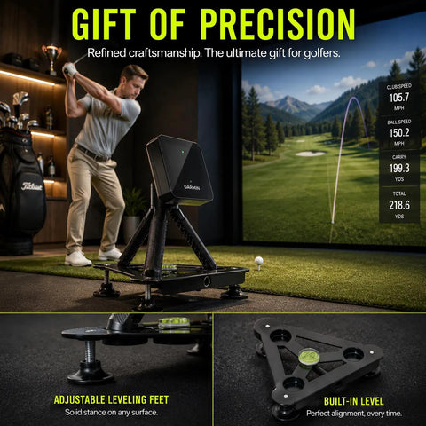 Adjustable Alignment And Leveling Stand For R10 Launch Monitor in use, featuring precise setup for golf swing analysis indoors.