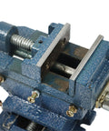 Close-up of 5 Inch Cross Slide Drill Press Vise With 2 Way X Y Travel Heavy Duty Iron Workhorse for accurate machining.