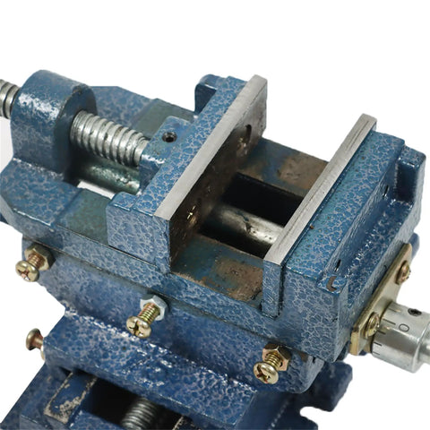 Close-up of 5 Inch Cross Slide Drill Press Vise With 2 Way X Y Travel Heavy Duty Iron Workhorse for accurate machining.