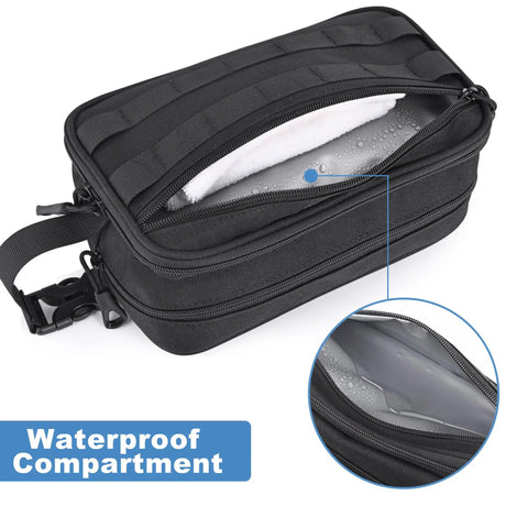 Rugged Men's Toiletry Bag For Travel And Gym Tactical Inspired Grooming Organizer with waterproof compartment and heavy duty zippers.