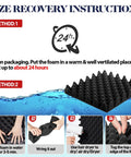Size recovery instructions for Tight 60 Pack Acoustic Foam Panels showing methods to restore foam shape.