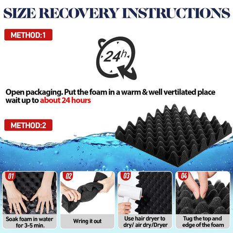 Size recovery instructions for Tight 60 Pack Acoustic Foam Panels showing methods to restore foam shape.