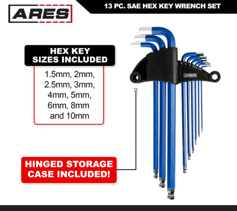 Metric Long Arm Ball End Hex Key Set With Chrome Finish And Bright Blue Anti-Slip Coating Includes 9 Sizes From 1.5mm To 10mm Stored In A Convenient Case For Quick Access shown with sizes from 1.5mm to 10mm and black case.