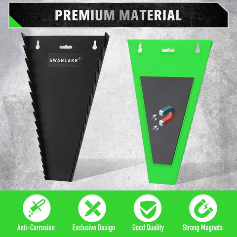 Magnetic Wrench Organizer Set Two Piece With 32 Slot Drawer Storage For SAE One Quarter To One And One Sixteenth Inch And Metric Six To Twenty Four Millimeters Green And Black with anti-corrosion and strong magnets features.