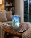Van Gogh Starry Night Flameless Candles With Remote on table in cozy living room setting, realistic glow at night
