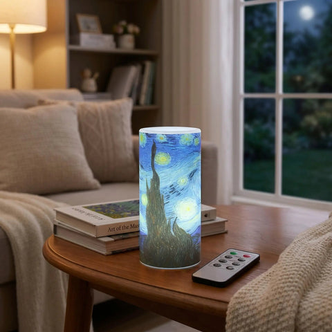 Van Gogh Starry Night Flameless Candles With Remote on table in cozy living room setting, realistic glow at night