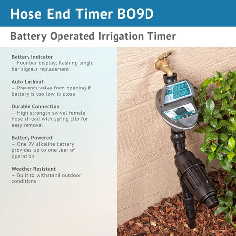 Three Quarter Inch Hose End Battery Operated Programmable Timer for gardens with LCD display installed on outdoor faucet