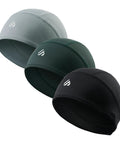 Three Pack Skull Caps For Men And Women, Stay Cool With Cooling Sweat Wicking Head Wraps For Welding And Cycling, Fits Under Helmets, Soft Durable Stretch Fabric, Moisture Absorbing, Breathable And Comfortable All Day. Gray, green, black color options.