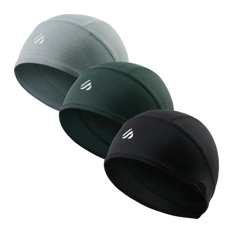 Three Pack Skull Caps For Men And Women, Stay Cool With Cooling Sweat Wicking Head Wraps For Welding And Cycling, Fits Under Helmets, Soft Durable Stretch Fabric, Moisture Absorbing, Breathable And Comfortable All Day. Gray, green, black color options.