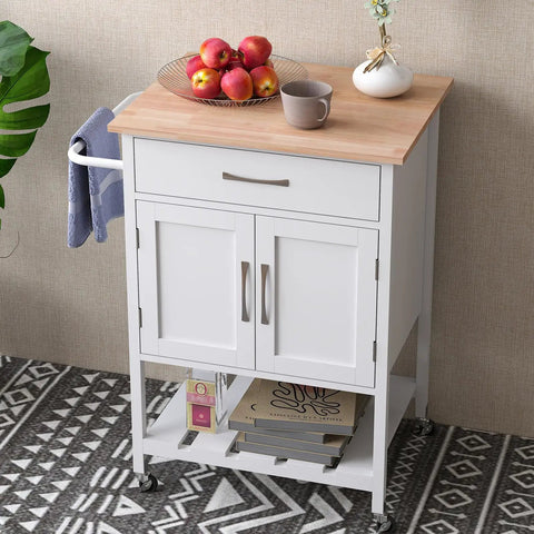 Slick Glide Kitchen Island Cart With Solid Rubberwood Countertop, Heavy Duty Serving Utility Trolley Featuring Nifty Drawer And Open Shelves, Total Game Changer For Any Modern Home Setup