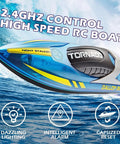 RC Boat With LED Lights For Kids Two Point Four Gigahertz Remote Control Racing Toy For Ages Eight To Twelve Perfect For Pools And Lakes Waterproof With Rechargeable Battery Dope Water Adventures For Boys And Girls displayed with blue design and water graphics