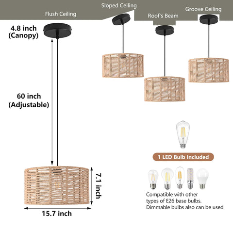 Woven Pendant Light Boho Chandelier With Hemp Rope And Rattan Elements, Rustic Farmhouse Vibe For Dining Room, 15.7 Inch Diameter