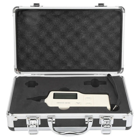 Pro Grade Handheld Digital Vibration Meter Tester Knocks Out Bearing Faults While Measuring Acceleration And Speed With Slick Probe For Heavy Duty Mechanical Diagnostics in protective case.