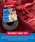 Velcro brand one-wrap ties for electronics in packaging, red cable tie beside, showcasing reusable cable ties for tidy cords.
