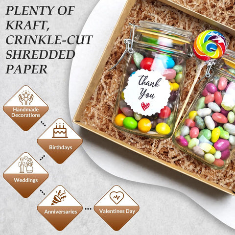 Gift box with 2.2 Lb Brown Crinkle Shredded Paper For Gift Baskets And Gift Boxes showcasing colorful candy jars and lollipop