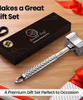 Dual-Sided Meat Tenderizer Tool With Flat Pounder And Textured Surface shown with gift box and ribbon
