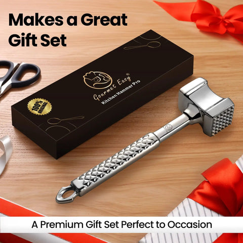 Dual-Sided Meat Tenderizer Tool With Flat Pounder And Textured Surface shown with gift box and ribbon