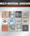 Grid showing multi-material adhesion including wood, aluminum, metals, vinyl, plastics, glass, drywall, plaster, brick, mortar, concrete, fiber cement.