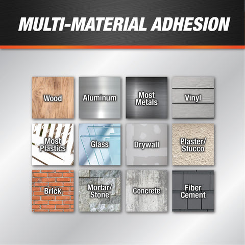 Grid showing multi-material adhesion for wood, aluminum, metals, vinyl, plastics, glass, drywall, plaster, brick, stone, concrete, fiber cement.