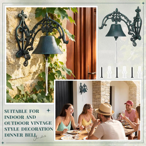 Badass Heavy Duty Cast Iron Outdoor Wall Bell With Slick Vintage Rustic Patina Top Shelf Door Chime For Front Porch Garden Patio Entryway Includes Mounting Screws And Anchors on stone wall with greenery.