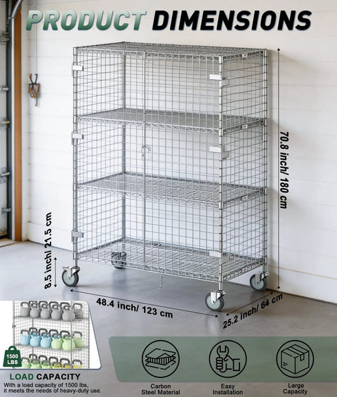 Heavy Duty Chrome Wire Security Cart Nsf Listed Mobile Storage Cage Kit with dimensions shown, designed for heavy load capacity.
