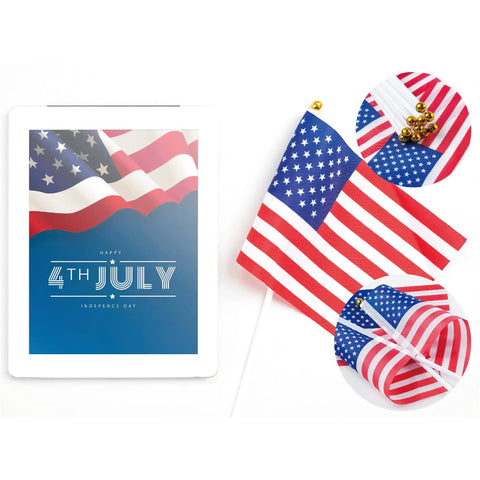 Fourth Of July Flags On Sticks 4x6 Inch Mini American USA Flags For Outdoor And Indoor Decor 12 Pack with patriotic brochure