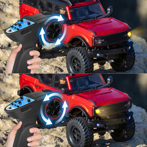 RC car on rocky terrain with controller, showcasing 2 In 1 ESC And Receiver Combo With 2.4G Transmitter for Axial SCX24 RC Car.