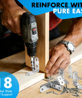 Person assembling wood with Stainless Steel L Brackets Set, 18 Pack 90 Degree Right Angle Corner Braces For Shelves.