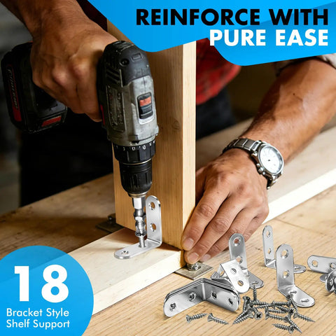 Person assembling wood with Stainless Steel L Brackets Set, 18 Pack 90 Degree Right Angle Corner Braces For Shelves.