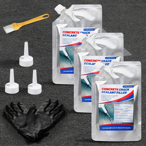 No Sweat Concrete Crack Filler Set Self Leveling Flexible Sealant For Driveways And Foundations 50 Oz Complete Tool Kit with pouches, tips, brush, and gloves.