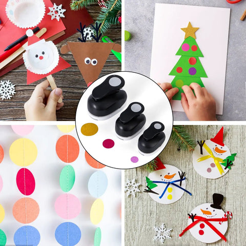 Three Pack Circle Punches Set For Paper Crafts 1.5 Inch, 1 Inch, And 0.6 Inch shown with craft examples of snowmen and Christmas trees.