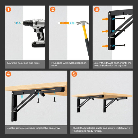Black 16 Inch Folding Shelf Brackets 2 Pack Heavy Duty Stainless Steel Wall Mount Brackets installation process guide.
