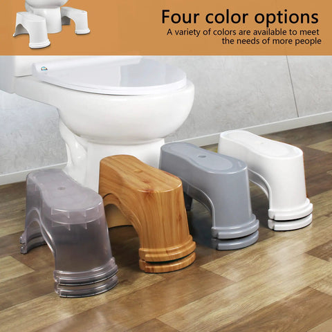 7 Inch Toilet Stool With Split Two Piece Movable Foot Rests Go To Stackable Space Saving Squatting Aid For Adults Natural Posture Enhancement Fits Most Standard Toilets White 1 Pair in four colors shown next to a toilet.