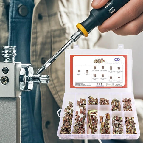 High Performance Threaded Screw Inserts For Wood Featuring Quick Hex Socket Connectors Dead Nuts Secure Furniture Hardware No Stress Diy Build Supplies kit with tools and inserts.