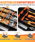 Double Sided 34 Compartment Tool Organizer With Clear Lid Grab And Go Four Pack Adjustable Dividers displaying hardware and tools