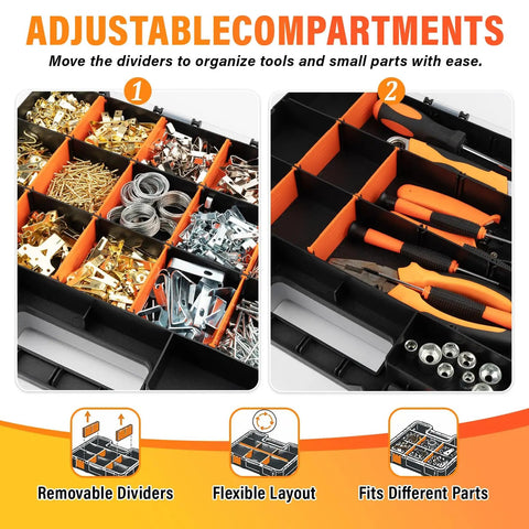 Double Sided 34 Compartment Tool Organizer With Clear Lid Grab And Go Four Pack Adjustable Dividers displaying hardware and tools