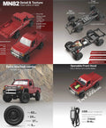 1:12 Scale MN82 LC79 Land Cruiser RC Crawler with Lights, 4WD Rock Truck, details of red model, open hood, chassis view
