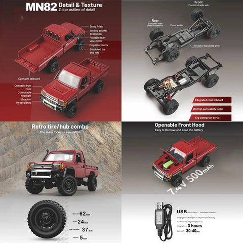 1:12 Scale MN82 LC79 Land Cruiser RC Crawler with Lights, 4WD Rock Truck, details of red model, open hood, chassis view