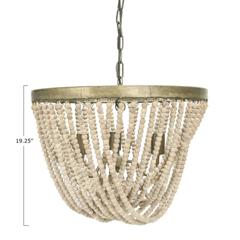Draped Wood Bead Chandelier With Gold Washed Metal Base And Brushed Finish Long 10 Foot Cord And 6 Foot Chain, 19.25 inches high
