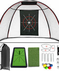 10x7ft Heavy Duty Golf Hitting Net With Swing Path Mat And Turf Insert set including net, mat, foam balls, and accessories for practice