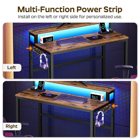 Small Computer Desk With Charging Station And LED Lights, Gaming Desk With Monitor Stand, showing side hooks and lighting