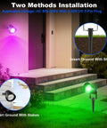 Dope RGB Outdoor Spotlight Color Changing Lights With Remote And App Control highlighting pathway with two installation methods