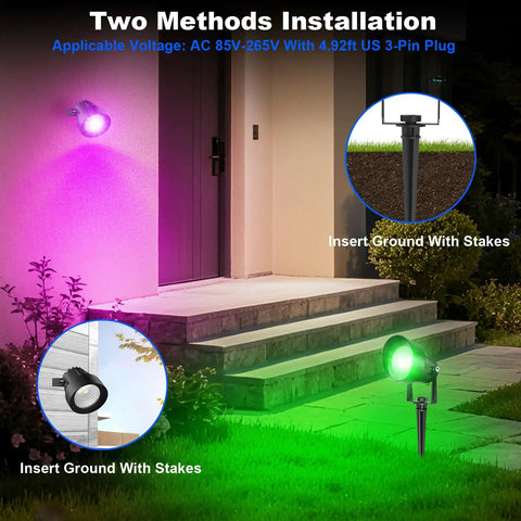 Dope RGB Outdoor Spotlight Color Changing Lights With Remote And App Control highlighting pathway with two installation methods